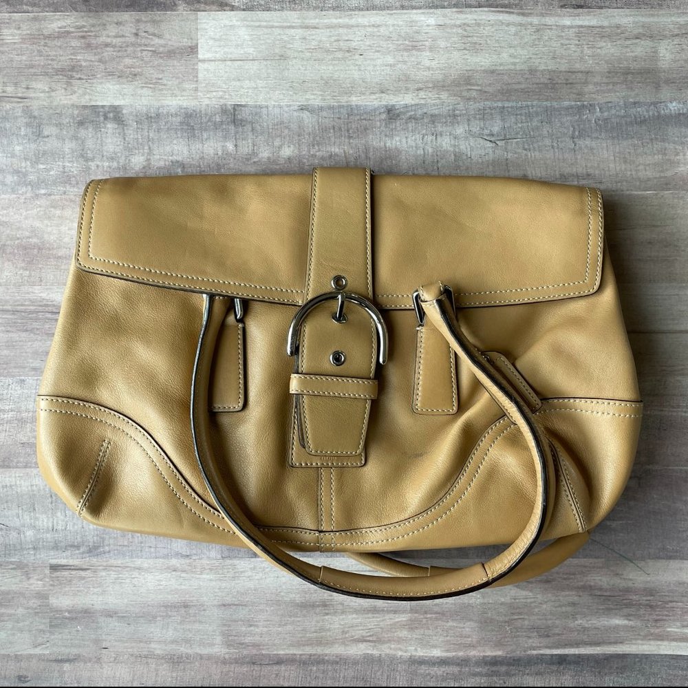 Coach Tan Leather Shoulder Bag Large Flap Purse - Picture 1 of 5